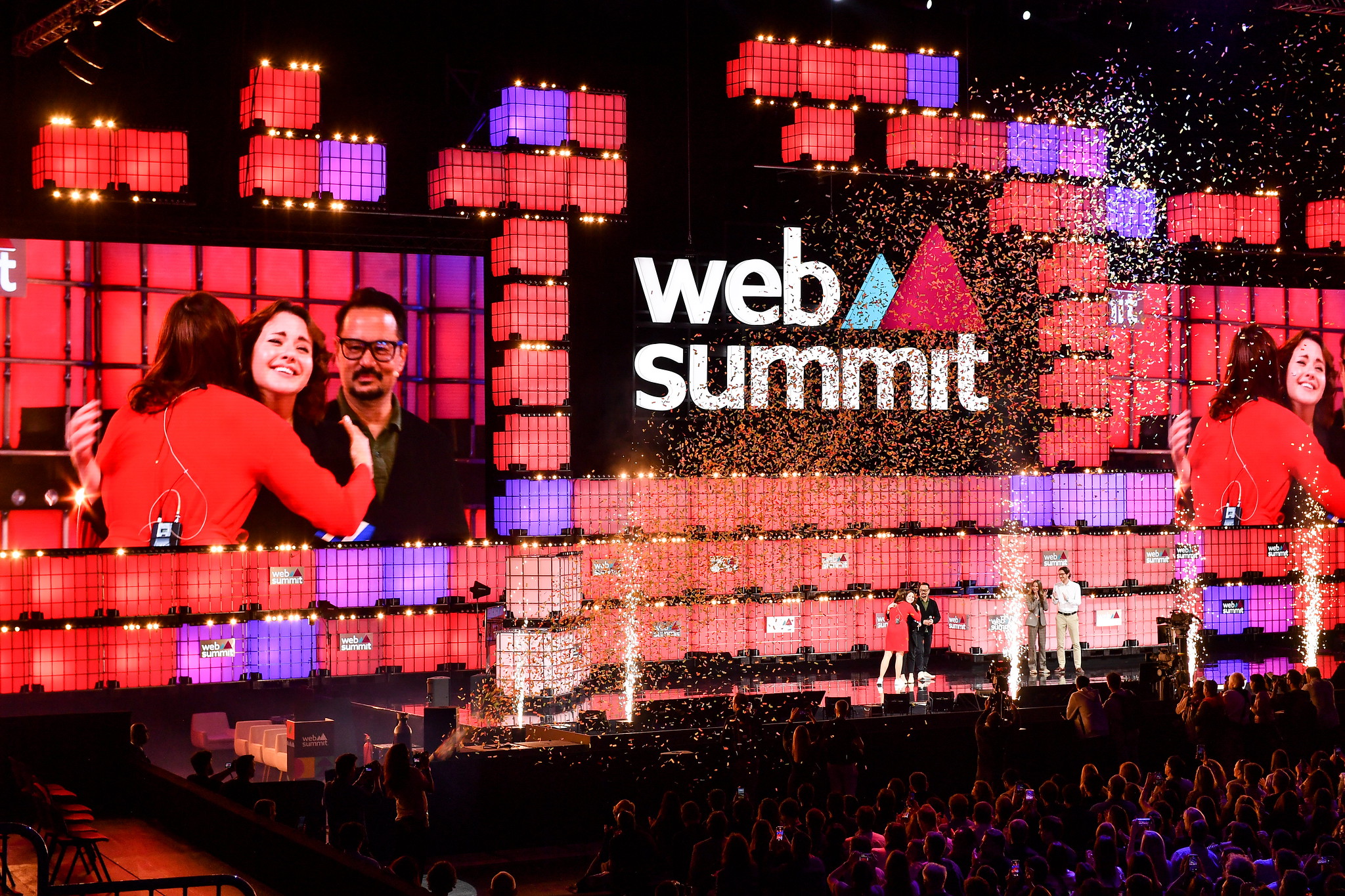 General shot of confetti rain over audience and centre stage during day three of Web Summit 2022