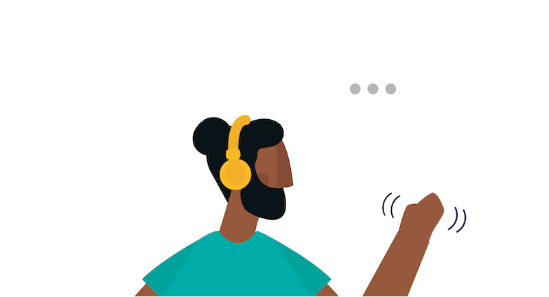 An illustration of a person wearing headphones and waving. Three small dots appear over their head, indicating that they're talking.
