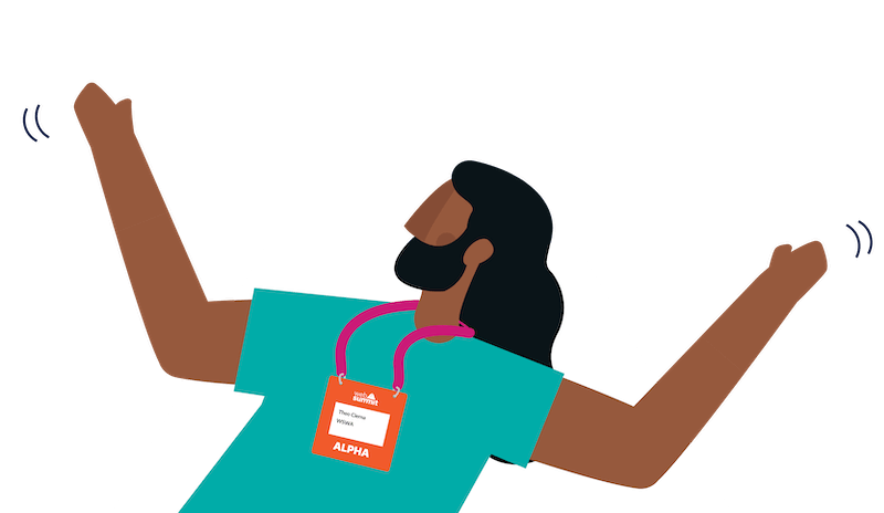 An illustration of a person waving their arms in the air in apparent celebration. They are wearing a Web Summit event lanyard around their neck.