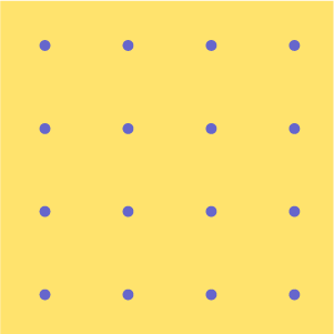 16 small dots laid out in a grid pattern on a solid background