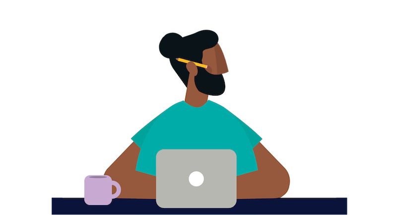 An illustration of a person sitting at a desk. They are wearing a headset and working at a laptop. There is a mug beside them on the desk. They are looking to one side.