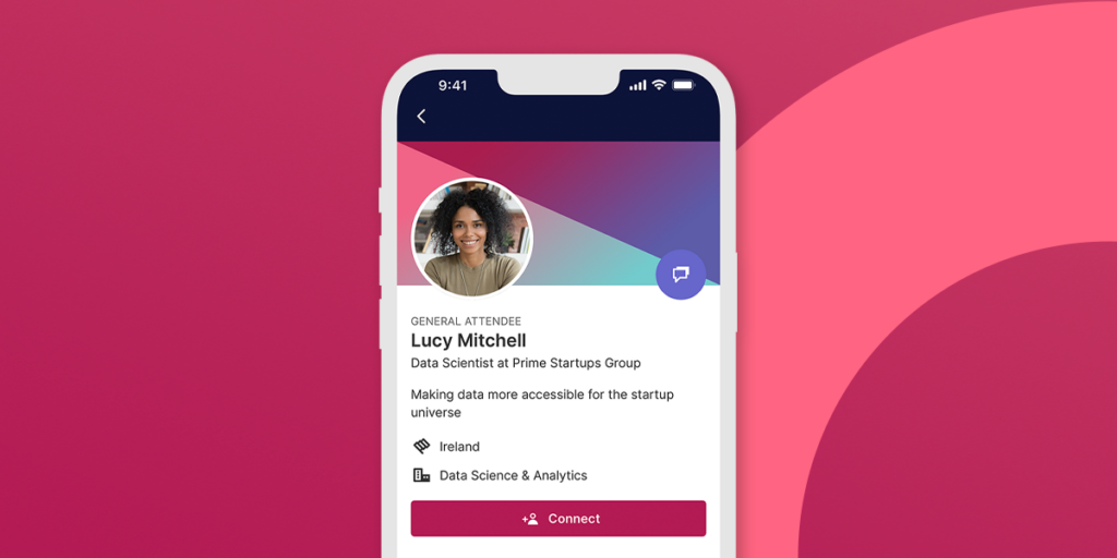 Illustration of a mobile phone open on the Web Summit Qatar app. The app is open on an attendee profile. The attendees name is Lucy Mitchell and they work as a data scientist for Prime Startups Group.