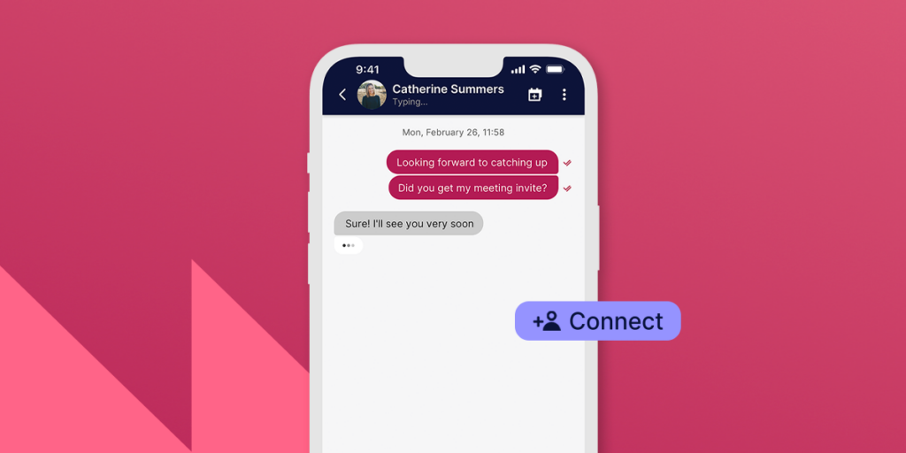Illustration of a phone against a solid background with two triangles in the bottom left corner. The phone is open on a conversation in the Web Summit Qatar mobile app.