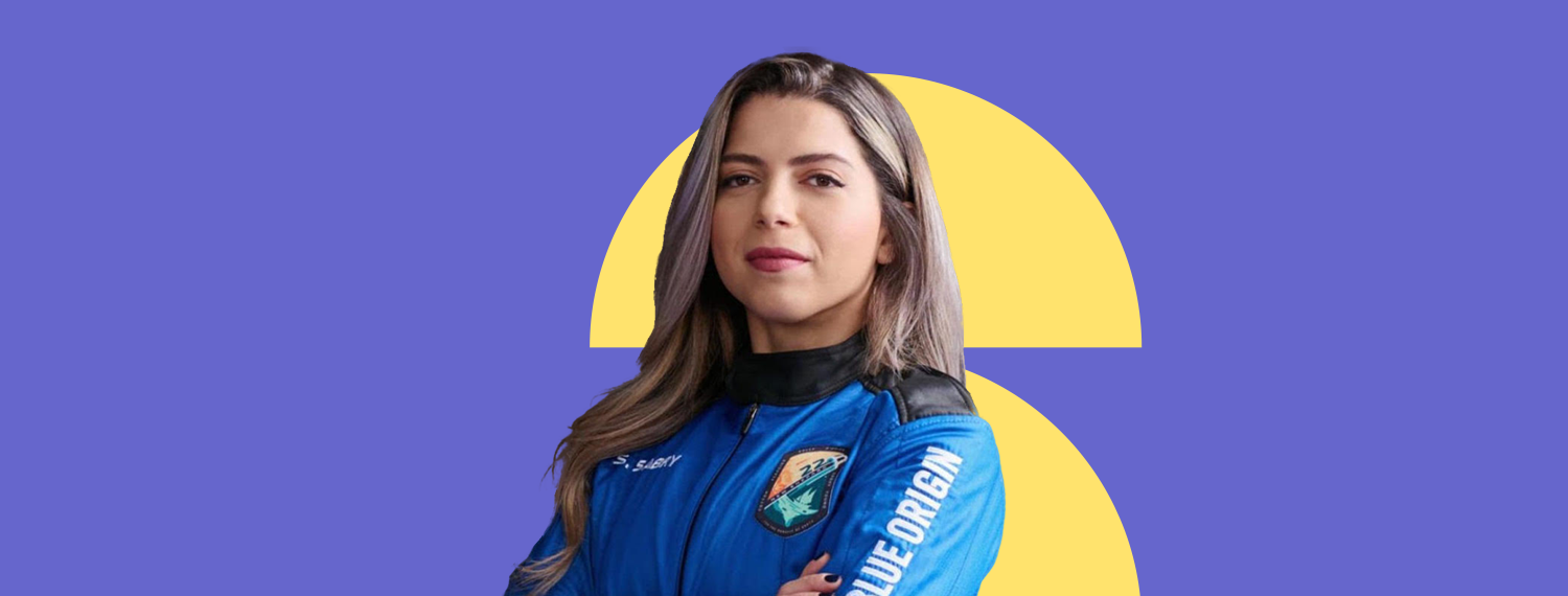 A picture of astronaut, and founder and CEO of Deep Space Initiative, Sara Sabry. There is a solid background behind Sara with two semicircle shapes directly behind.