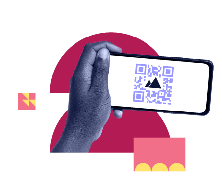 An illustration of a hand holding a smartphone horizontally. On the smartphone's screen is a QR code with the Web Summit Qatar logo in its centre. This represents an event ticket.