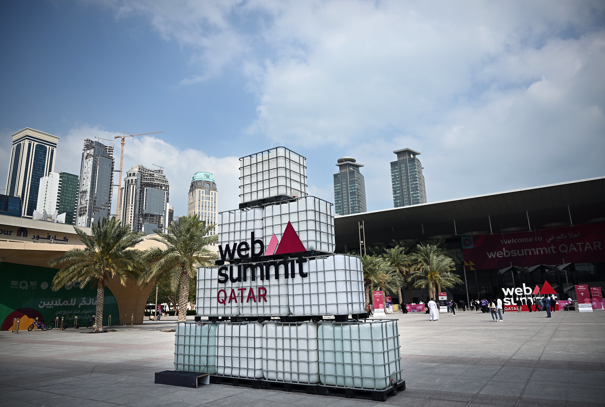 A general view of Web Summit Qatar branding and wayfinding ahead of the opening of Web Summit Qatar 2024 at the Doha Exhibition and Convention Center in Doha, Qatar