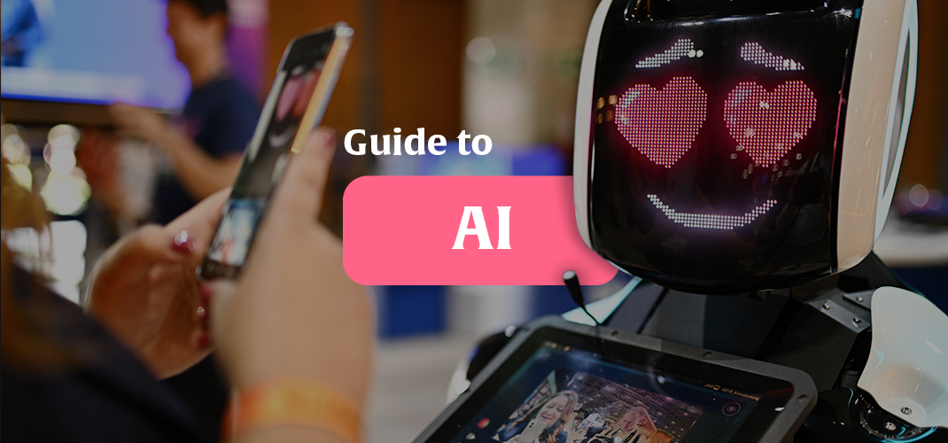 This image shows a person's hands holding a smartphone to the left with a robot to the right. The text reads 'Guide to AI'