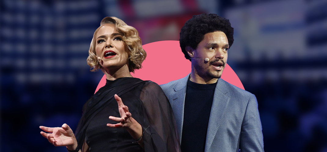 Web Summit CEO Katherine Maher and Trevor Noah against a background that appears to be a Web Summit Qatar stage.