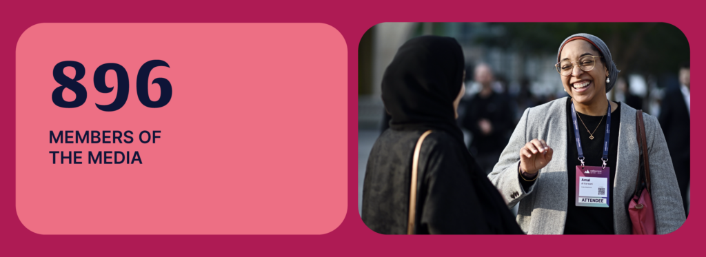 A banner-style image. On the right, a laughing person appears to be talking to another person who has their back to the camera. This is a Web Summit Qatar attendee. On the left, text reads '896 members of the media'.