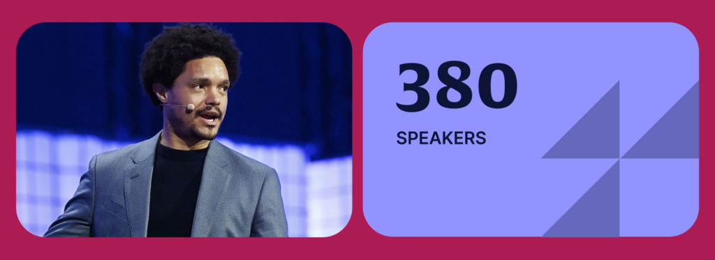 A banner-style image. On the left, author and presenter Trevor Noah wearing a headset mic. Trevor appears to be speaking. This is Opening Night of Web Summit Qatar. On the right of the banner, text reads '380 speakers'.