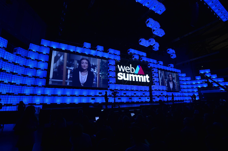 Sheryl Sandberg, COO of Facebook, speaks via video link on Center Stage during Day 2 of Web Summit